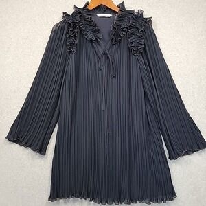 REBECCA TAYLOR Petal Pleated Long Sleeve Navy V-Neck Shift Dress Ruffles Size S